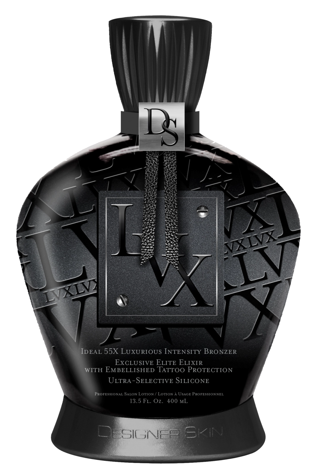 A bottle of black perfume with a black label.